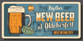 Oktoberfest party, new taste of beer retro brewing company. Vector mug of refreshing drink and brewery factory, craft beer on transparent. Hop and malt, low alcohol drink production, homemade product.