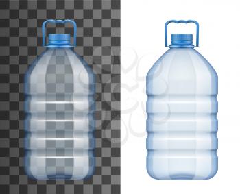 Big water bottle with handle isolated on white and transparent. Vector plastic water container mockup, empty pack to store liquids with cap. Template of aqua storage portable bottle with blue cover