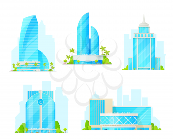Business centers icons. Isolated buildings, exterior design. Vector tall constructions and towers of glass, modern architecture, real estate. Office skyscrapers, buildings with trees and parking