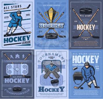 Ice hockey championship or tournament retro vector. Winters sport game equipment, player in uniform, crossed sticks and puck, stadium or ice arena. Goalkeeper and trophy cup award, all stars league