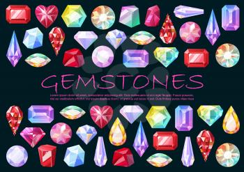 Gemstones, precious stones and cut gems, jewelry items. Vector diamond and rhinestone,sapphire and brilliant, aquamarine and amethyst, tourmaline. Luxury crystals of various shaped, jewelry details
