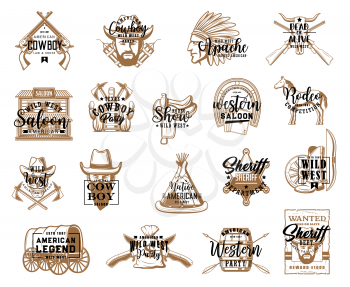 Cowboy saloon and wild west isolated icons, western symbols. Vector sheriff and apache, crossed guns dead or alive symbols. Rodeo and indians dwellings, american wagon, horse and carriage, bandit