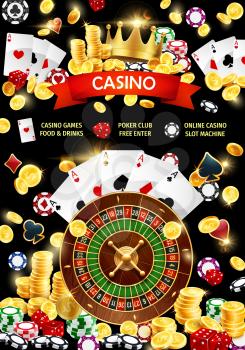 Gambling games, poker club and online casino with slot machine. Vector blackjack playing cards, gamble dices and chips, joker royal crown. Betting agency, golden coins and stakes, game of chance