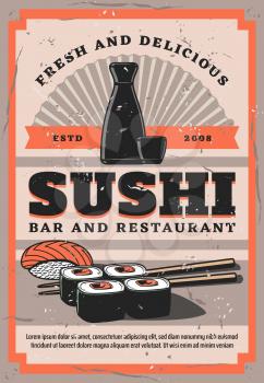Sushi retro bar and restaurant, chopsticks and bottle with soy sauce and salmon on steamed rice, rolls. Vector Japanese and Chinese cuisine food, oriental fan and seafood products. Sushi shop emblem