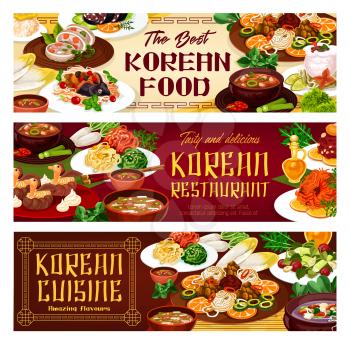 Food of Korean cuisine, appetizers, main courses. Vector kimchi soup with beef, fish with soy sauce, starch noodles, spicy kimchi soup with beef. Salads, bowls with meat, vegetables and fruits, greens