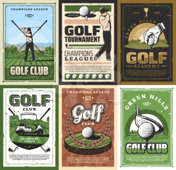 Golf club retro sport golfing game items. Vector golfer, crossed sticks and ball, god trophy playing field. Golfing court and tee, player doing swift with ball, transportation cart, tournament