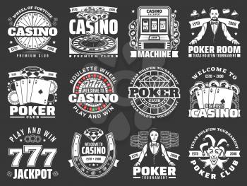 Casino and poker club monochrome icons on black. Vector jackpot of lucky seven combinations, slot machine and croupier, roulette wheel play and win. Tournament and competitions on gambling games
