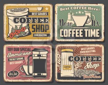 Coffee shop retro cards, beans in sack and cup of hot drink. Vector americano and kettle, steaming macchiato and containers with sugar milk. Espresso, retro caffeine or cafeteria store, coffee brewing