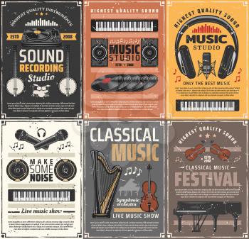 Music instruments and retro sound recording studios. Vector live classical music, vinyl disk and banjo guitars, microphones and synthesizer, violin and headphones. Symphony and melodies, orchestra