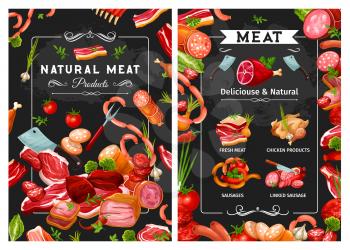 Sausages and meat, kitchen cutlery and greens. Vector chicken products, ribs and beefsteak, butchery food. Prosciutto and smoked turkey, pork and lamb, beef and veal, salami sirloin, jamon and herbs