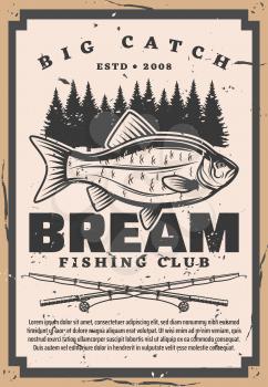 Bream fishing club, retro big catch on fishery. Vector catches fish and forest trees silhouettes, fishing rods. Vintage tentacles fisher club tournament, spinnings and recreation hobby sport