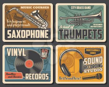 Saxophone and trumpets, vinyl records and sound recording studio. Vector retro microphone and headphones, loudspeakers and brass band. Classical music courses or school, musical instruments and notes