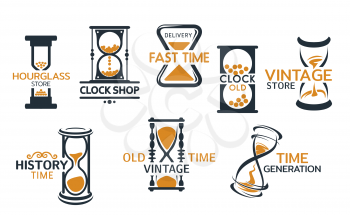 Hourglass store, clock shop isolated icons. Vector fast delivery and time history generation, vintage countdown instruments. Sandglass or vintage sand clock emblems, timer or retro watch timepieces