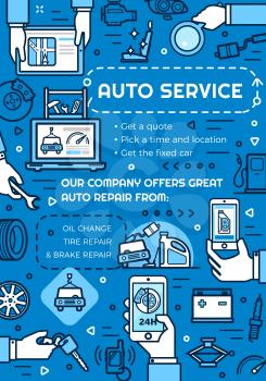 Auto service, repair and vehicle maintenance. Vector linear icons, oil change and car diagnostic online 24 hours. GPS navigation, tire pumping and tow service, toolkit and gasoline petrol station