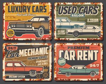 Luxury cars rent, salon of used vehicles, repair services. Vector vintage automobile shop, spare parts, oil change, gas petrol. Rent with driver, grunge retro cars of old autos, mechanic maintenance