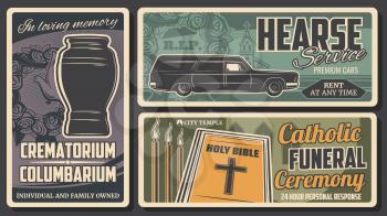 Crematorium columbarium, hearse service and retro catholic funeral ceremony. Vector holy bible and cars rent, RIP and rest in peace. Cremation urn, mortuary burial ceremony, candles and rose wreaths