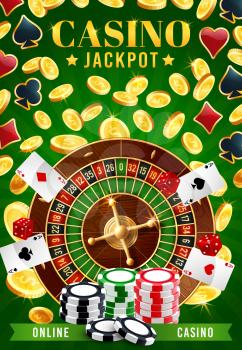 Casino and online gambling games, jackpot and fortune of wheel. Vector roulette surrounded by golden coins and chips, poker playing cards, aces of four suits. Gaming activities, game of chance, stakes