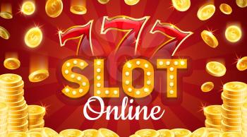 Casino gambling games, lucky seven combinations, piles of golden coins. Vector online gaming industry, slot billboard of lightbulbs. 777 and gold playing chips or stakes, coins with dollar sign splash