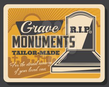 Grave monuments retro funeral services. Vector gravestone with crosses, burial ceremony, RIP and rest in peace. Tailor made tombs, eternal memory of your loved one. Death, memorial service symbols