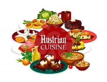 National food of Austria, Austrian cuisine dishes frame. Vector desserts and cup of coffee, vegetables and greens. Potato salad, vasilopita and sachertorte, vanilla cookies, galushka in shamploi