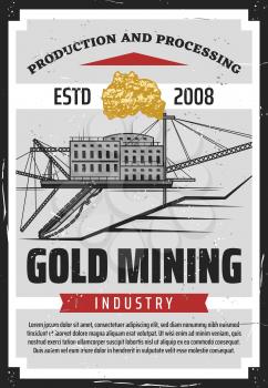 Gold mining industry, production, processing of precious metals. Retro vector mining quarry, extracting ore in mine, ladders on levels. Metal extraction, building and masts tall posts, miner factory