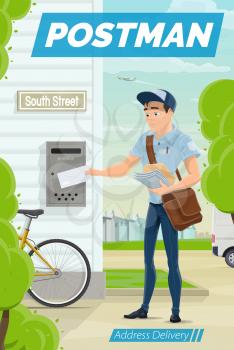 Postman puts letter into mail box, address delivery. Vector mailman outdoors, post office workers delivers envelope, post box or letterbox with postage cards. Man in uniform, bicycle and house