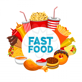 Fastfood banner, isolated round frame of takeaway food and drinks. Vector restaurant menu template, cola or soda, french fries, ketchup and donuts. Chicken leg and ice cream, burritos and pop corn