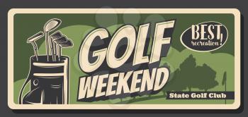 Golf weekend, retro bag with iron heavy niblicks. Vector golfing sport game equipment, sticks to play on green course, flag silhouette. Golf club competition or tournament, leisure hobby recreation
