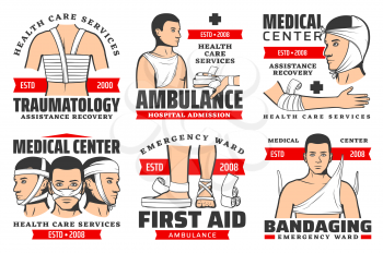 Traumatology services, ambulance hospital admission, first aid at traumas, bandaging isolated icons. Vector medical centers, emergency wards, assistance and recovery. Facial, back, arms chest bandage