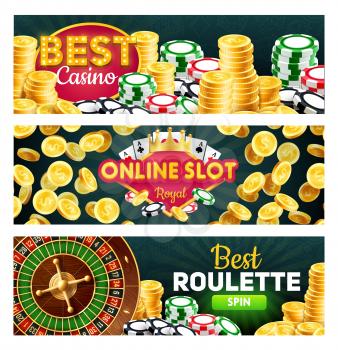 Online casino, royal slots and roulette splits, gambling games. Vector wheel of fortune and money stake, poker card and blackjacks, jackpot winner. Joker gold crown, four aces suits, bets