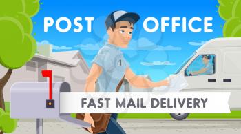 Post office, fast mail delivery, postman near postbox. Vector mailman in uniform with postal bag and envelope in hands, address delivery outdoors. Shipping mailing by vehicle, urban street, letterbox