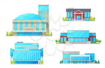 Public library modern facades with entrance door and parking. Vector university or college libraries isolated, exteriors of government buildings, books gallery. Architecture of educational departures