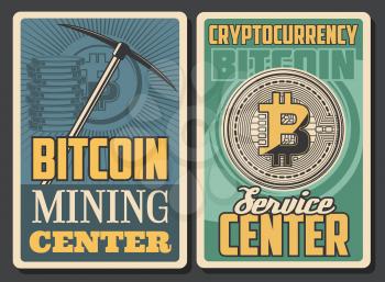 Bitcoin mining center, retro cryptocurrency services. Vector blockchain technologies, digital money mining, crypto coins exchange system. Mining axe-pick or pickaxe, golden letter B sign, transactions