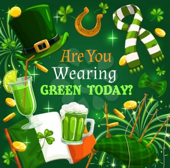 Green shamrock, Irish leprechaun gold and hat, St Patrick Day vector design. Clover leaves, flag of Ireland and beer, treasure pot golden coins and lucky horseshoe, bagpipe and festive firework