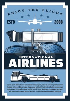 International airlines, retro airport building, flight by air. Vector movable passenger boarding ramp, ladder and plane silhouette. Avia company, luggage tracking vehicle, flight on airplane services