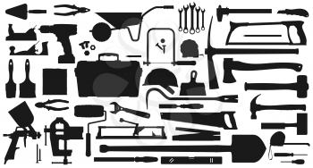 Repair, gardening, mining and farming tools isolated monochrome icons. Vector carpentry items, work tool kit. Spade and wheelbarrow, axe and drill, spatula and spanner, hammer and painting sprayer