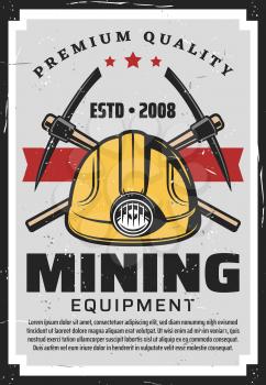 Mining equipment, miners helmet with lamp and crossed axe-picks. Vector retro mining industry, coal, metals and gold production and processing. Extraction of precious stones and minerals, digging tool