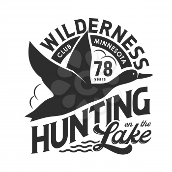 Duck hunting club isolated monochrome t-shirt print design. Vector hunt on birds at lake, flying feathered animal in sky black silhouette. Wilderness, wildlife poultry trophy, hunting hobby