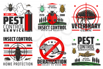 Pest and insect control services, veterinary clinic and deratization icons. Vector agriculture harvest control, home protection, aerosol to kill cockroaches, rats and buds, crop duster biplane