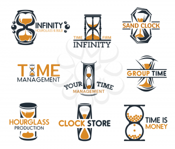 Clock shop, hourglasses symbols of time and infinity isolated icons. Vector timemanagement and sand clock icons, sandglass store. Vintage countdown signs, time is money emblem, timer retro watch