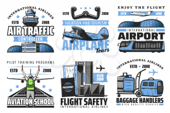 Airport and international airlines, airplane, boarding pass isolated icons. Vector air traffic controller, aviation school and safety flights. Baggage handlers, air transport, bus and steering wheel