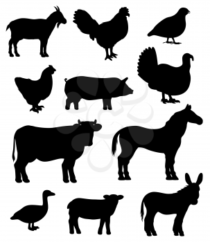 Farm animals and poultry birds isolated silhouettes. Vector cattle icons, goat and cow, sheep and horse, pig and hen. Donkey mule and turkey, chicken and cock, quail and goose monochrome symbols