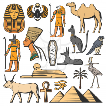 Egyptian pharaoh, pyramids and Gods. Ancient Egypt vector icons. Sphinx, cat and mummy, eye of Horus, Anubis and Ankh hieroglyph, Tutankhamun, Nefertiti and scarab, desert palm and camel