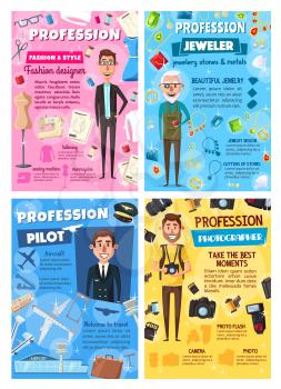 Professions of photographer, pilot, jeweler and tailor vector design. Aircraft captain, goldsmith, cameraman and fashion designer occupation posters with men, airplane, camera, jewelry, sewing machine