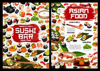 Japanese sushi rolls vector menu, asian food. Salmon fish sashimi, rice and seafood maki, tuna, shrimp temaki and octopus nigiri, prawn uramaki and gunkan with chopsticks