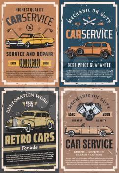 Car service, repair and reconstruction retro posters. Vector cars, wheel and vehicle engine spare parts, tire, wrench, spanner and suspension spring. Garage and mechanic workshop