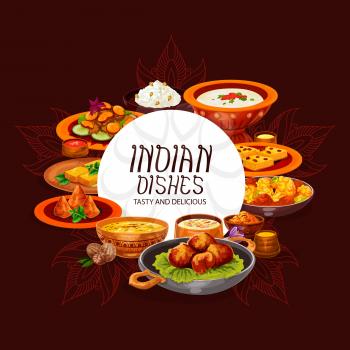 Indian food vector design of dishes with chicken curry, rice pilau and meat vegetable casserole. Potato samosa, seafood and lentil soups, paneer cheese and battered shrimps, served with spices, sauces