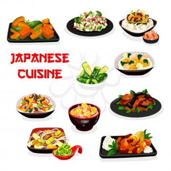 Japanese cuisine vector design of rice and noodle dishes with vegetables, meat and fish. Eggplant in miso sauce, rice with salmon and mushroom, udon, cucumber and cabbage salads, pork and beef stews