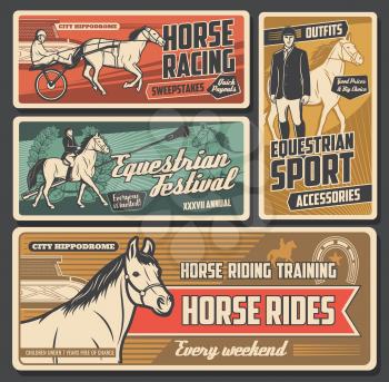 Equestrian sport vector posters with race horses, jockeys and riders, thoroughbred racehorse, hippodrome and racetrack, saddle, whip and equine tack, horseshoe and trophy. Horse racing design