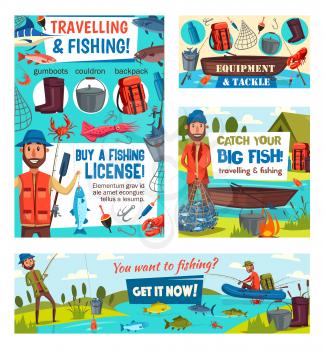 Fishing sport tackle and equipment vector design with fishermen, fish, fishing rods and nets. Anglers, boats, hooks, baits and lure, river carp, hike and perch, blue marlin, tuna and salmon